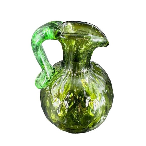 Glass Jug Other - Hand Made Art Glass Green Optic Jug Miniature Pitcher Hand Blown Glass Decor VTG